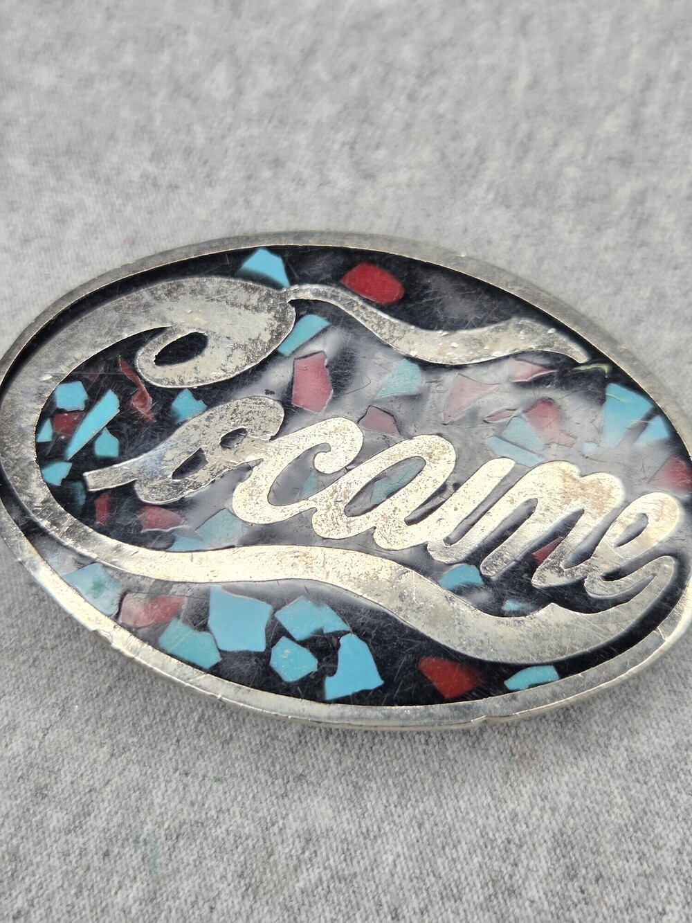 Vintage Handmade Mosaic Turquoise Onyx Coral Cocaine Belt Buckle One of a Kind - Picture 5 of 12
